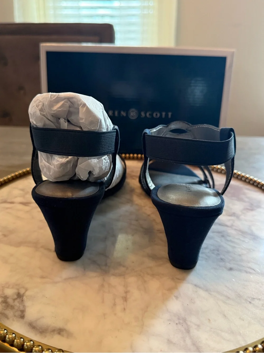 KAREN SCOTT Navy Elastic Comfort Rhinestone Wedge Sandals | SZ. 7 (NWB)